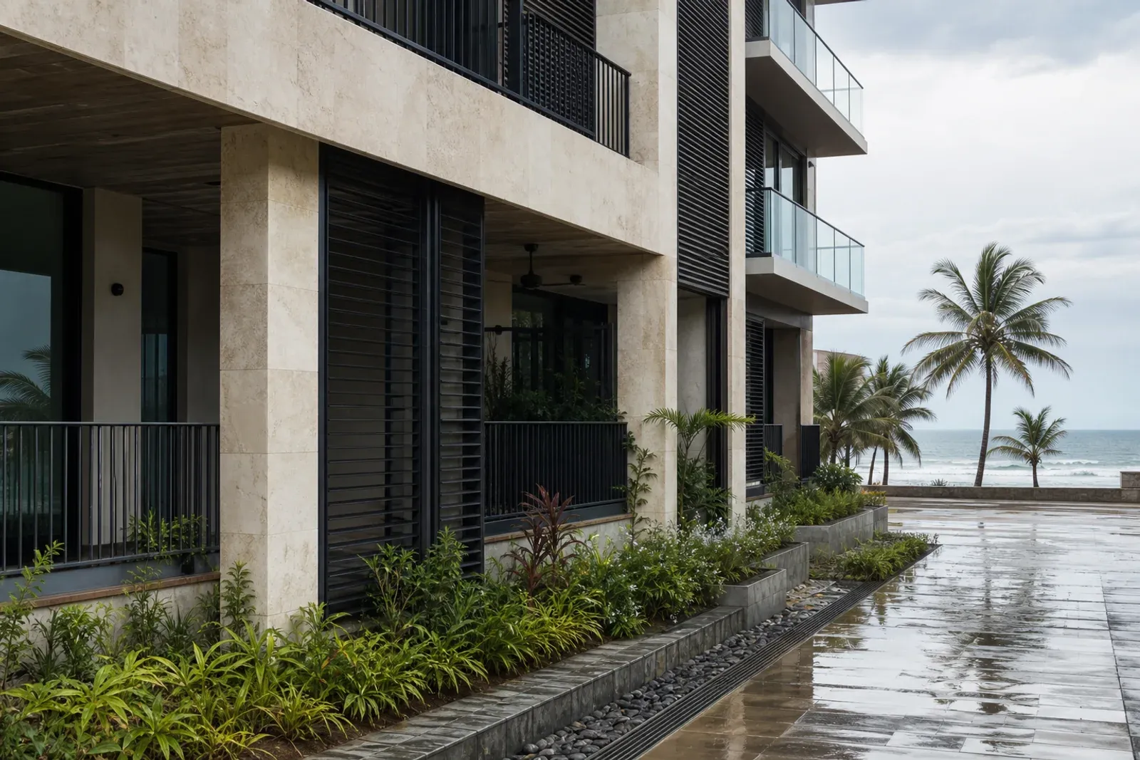 A climate-responsive coastal apartment building with shaded terraces, ventilation screens and planted drainage