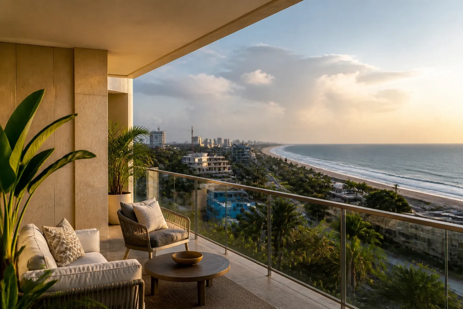 Coastal apartment balcony overlooking the Atlantic shoreline and connected city in Accra