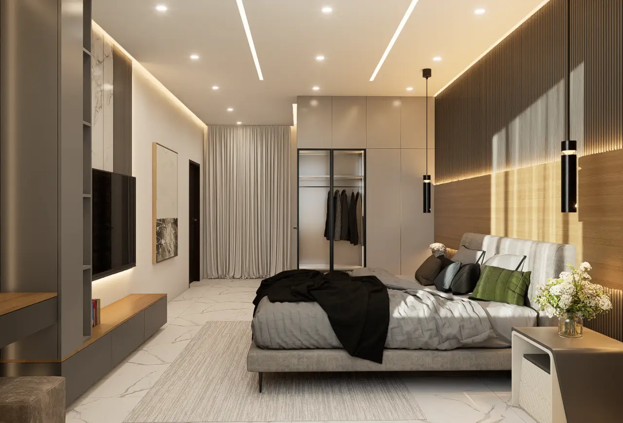 Rendered primary bedroom at The Aseda Village